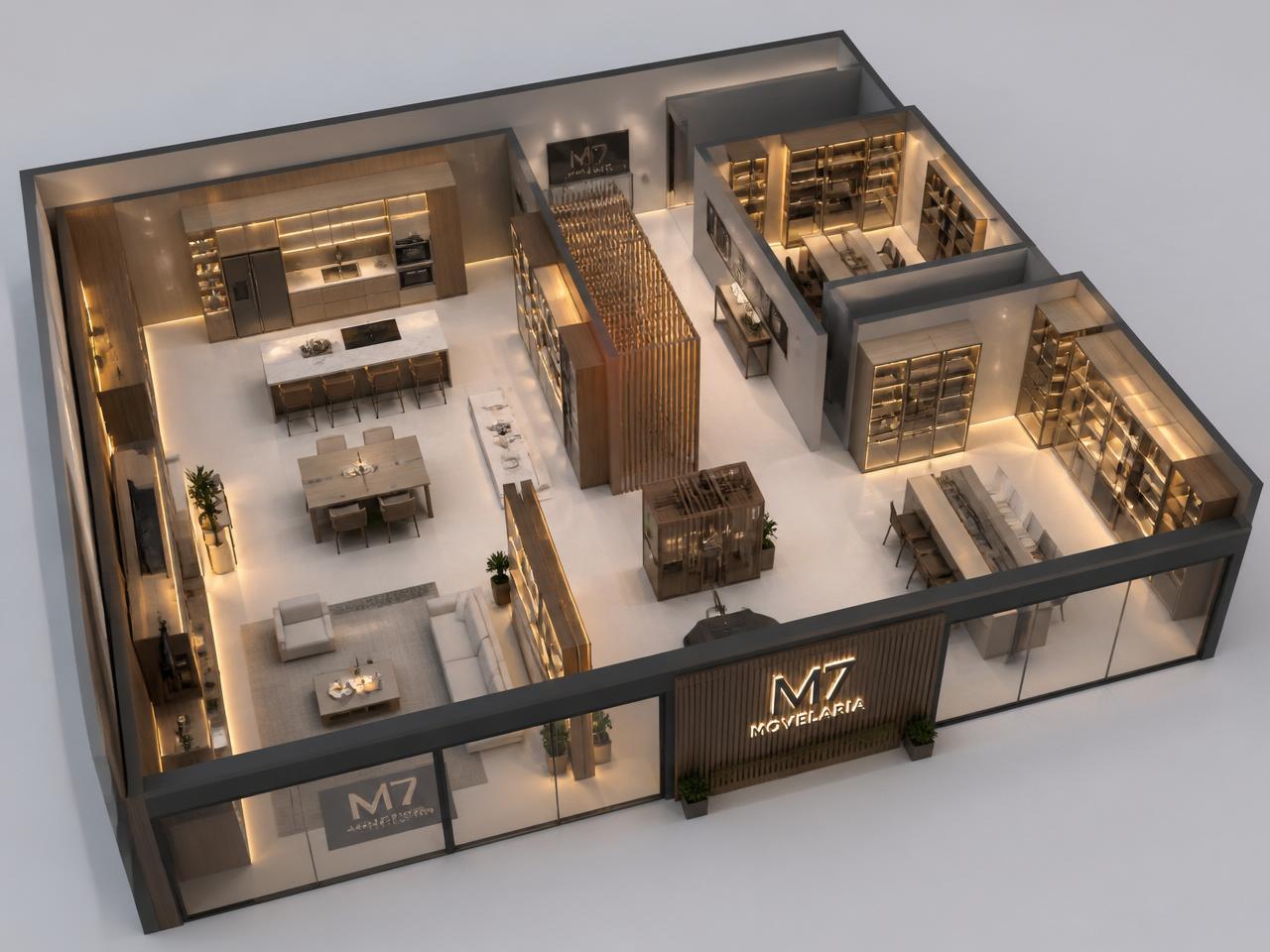 Vista isométrica do showroom M7 em 3D